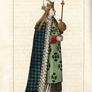 Lothair I, Emperor of the Romans, 795-855. He carries a sceptre and orb, wears a mitre and crown, long cope or pluviale over several tunics. Handcoloured copperplate drawn and engraved by Leopold Massard from "