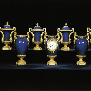 Louis XVI ormolu-mounted Chinese powder-blue clock garniture