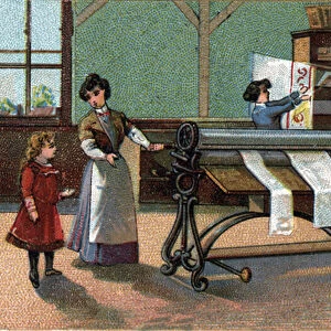 Machine ironator. (ironing). Chromolithography from the end of the 19th century