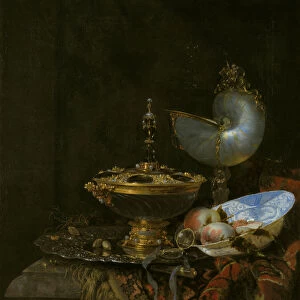 Magnificent Still Life with Holbein Bowl, Nautilus and glass cup and fruit bowl, 1678