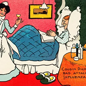 Maid bringing medicine to her master, ill in bed with the flu (chromolitho)