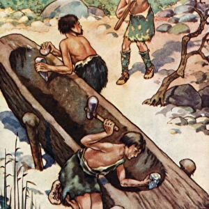 Making the First Boat from a Tree-trunk (colour litho)