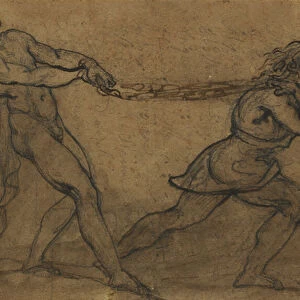 A Male Nude Pulled by Another Male, (pencil and brown ink on brown paper)