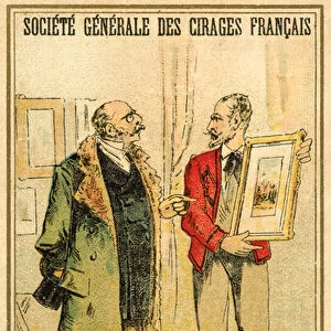 Man haggling over the price of a watercolour with an artist (chromolitho)