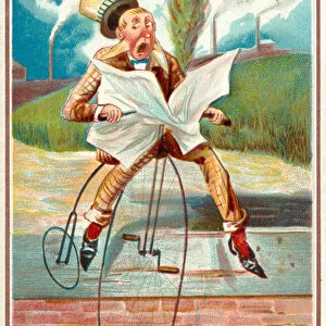 Man riding a penny farthing into a canal (chromolitho)