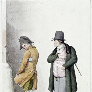 Man urinating against a wall and another passers-by - lithograph by Brunet, 19th century
