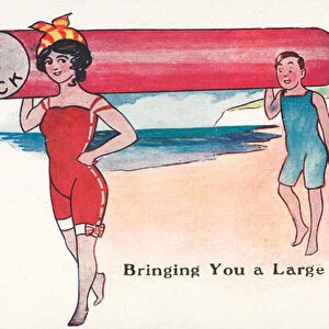 Man and woman carrying a large stick of rock at the seaside (colour litho)