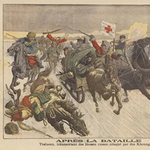 Manchurian horsemen attacking a sleigh carrying wounded Russian soldiers, Russo-Japanese War (colour litho)