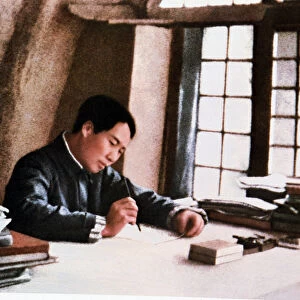 Mao writing his work "From Prolonged War"in a cave in Yenan, 1938