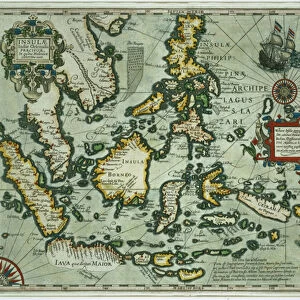 Map of the East Indies, pub. 1635 in Amsterdam (hand-coloured engraving)