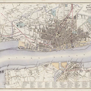 Map: Plan of the Town and Borough of Liverpool, with Birkenhead, Tranmere, Seacombe, New Brighton etc, from the ordnance and other surveys, by J Bartholomew, Edinburgh (colour litho)