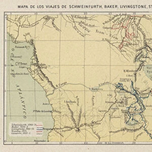 Map showing the journeys of the explorers Georg August Schweinfurth, Samuel Baker, David Livingstone, Henry Morton Stanley and Verney Lovett Cameron in Africa, 1866-1875 (colour litho)