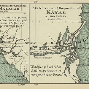 Map showing the position of the Kingdom of Ely in Malabar, Sketch showing the position of Kayal in Tinnevelly (colour litho)