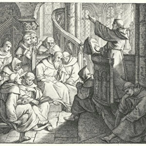 Martin Luther preaches to Johann von Staupitz and the other monks at the monastery (engraving)