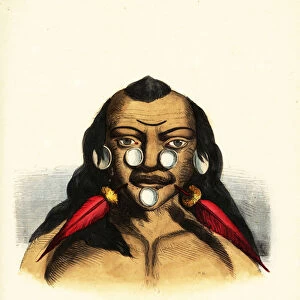 Matses or Matis warrior of Brazil, with facial tattoos, labrets, and piercings with macaw feathers and snail shells