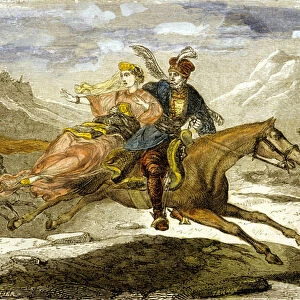 Maurice Beniowski, hungarian adventurer, kidnapping the daughter of the governor on horseback (coloured engraving)