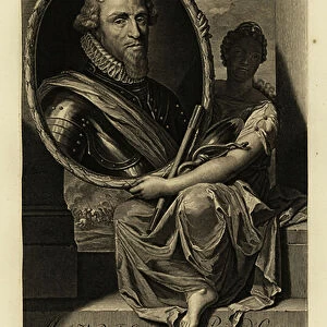 Maurice of Orange, Maurice, Prince of Orange. In lace ruff collar, suit of armour with sash. Vignette of battle. Copperplate engraving by Gerard Valck after Adriaen van der Werff from Isaac de Larrey's Histoire d'Angleterre