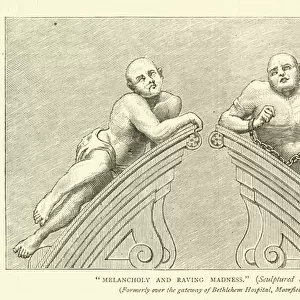 "Melancholy and Raving Madness", sculptured by Cibber, formerly over the gateway of Bethlehem Hospital, Moorfields (engraving)