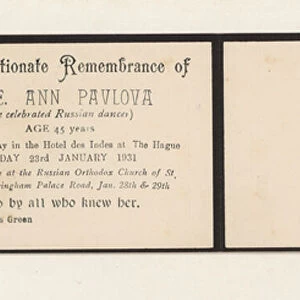 Memorial tribute to Russian ballerina Anna Pavlova, 1931 (litho)