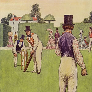 Men playing cricket in the 19th Century (colour litho)