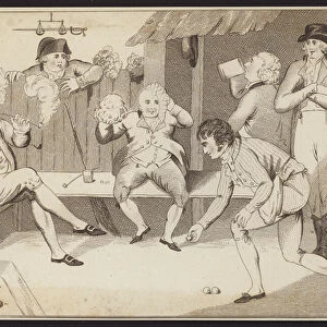 Men playing the game, Bubble the Justice, at a tavern (engraving)