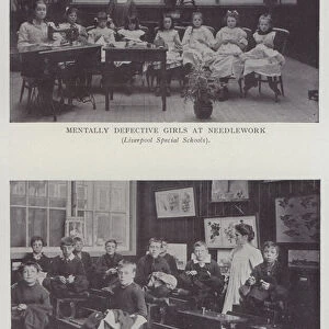 Mentally Defective Girls at Needlework, Mentally Defective Boys at Tailoring, Liverpool Special Schools (b / w photo)