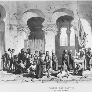 The Mercy Fathers ransoming the captives in Algeria, c. 1830-40 (litho) (b / w photo)