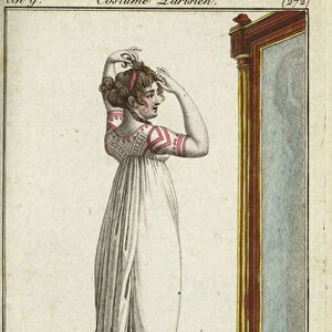 Merveilleuse fixing her hair in front of a mirror, 1800 (handcoloured copperplate engraving)