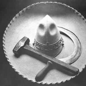 Mexican Revolution: Sombrero with Hammer and Sickle, Mexico City, 1927 (b / w photo)