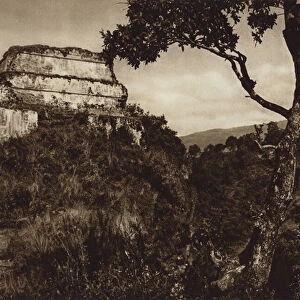 Mexico: Tepoztlan, Ruina del templo El Tepoztecatl (b / w photo)
