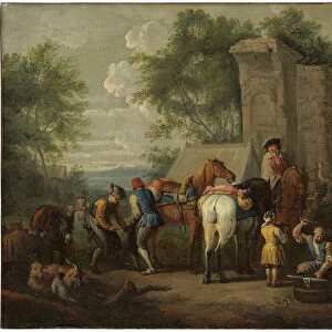A military blacksmith shoeing horses by a ruin (oil on canvas) (pair to 702587)