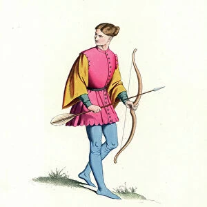 Military costume: un archer italien, 14eme century - Italian archer or longbowman, 14th century - He wears a pink tunic, doublet with full yellow sleeves