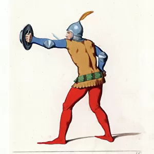Military costume: a soldier with a small shield and an epee, 14th century - Soldier with small shield, sword and plumed helmet, from the Titius Livius manuscript in the Biblioteca Ambrosiana, Milan