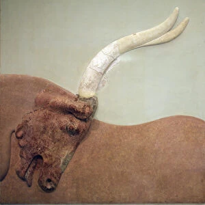 Minoan Art. Fragment of plaster relief fresco showing a hunted bull