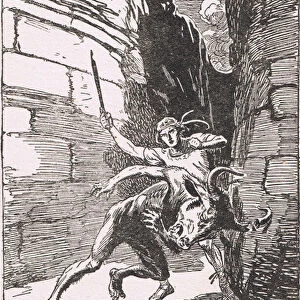The Minotaur: The moster in his first headlong rush against Theseus