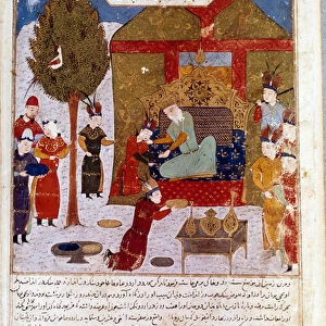 Mongolian Emperor Genghis Khan (1167-1227) on his throne in a camp near Ilmil with his