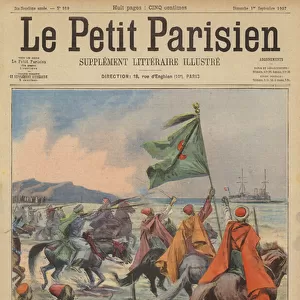 Moroccan horsemen riding into the sea to shoot at French warships (colour litho)