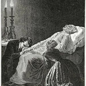 Mort de Jean Valjean entre Cosette et Marius - illustration from Les Miserables