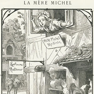 Mother Michel is screaming out the window. Mr. Lustucur replies that his cat Moumouth is not lost (verse 1), 1880 (engraving)