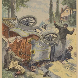 Motorists burned alive in a terrible car accident (colour litho)