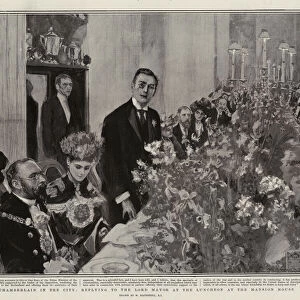 Mr Chamberlain in the City, replying to the Lord Mayor at the Luncheon at the Mansion House (litho)