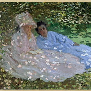 Mrs. Monet and a friend in the garden. Two women sitting in the shade of a tree