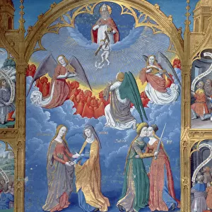 Ms 412 The Trinity surrounded by three angels and below them personifications of Mercy