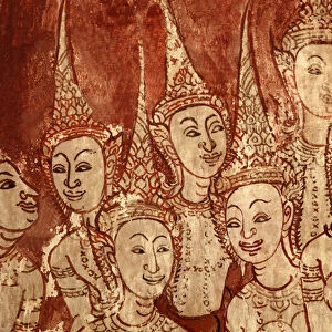 Detail of the mural paintings showing celestial deities dating from the late Ayutthaya