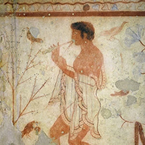 Musician playing a double flute, from the tomb of the triclinium, c