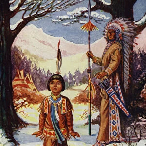 Native American chief telling his son to be brave and walk alone in the forest (colour litho)