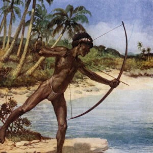 Native Archer shooting Fish, British Solomon Islands (colour litho)