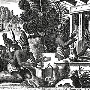 How the Natives of New Spain Prepared Cacao for Chocolate (engraving) (b / w photo)