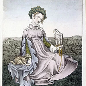 Noble girl with falcon and dog - from an original 15th century drawing