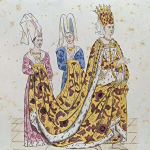 Noblewoman from the court of Isabella of Bavaria and her attendants (coloured engraving)